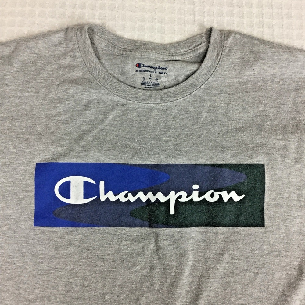 Champion Mens Graphic‎ T-Shirt Large Gray Slim Fit Camo Box Logo Short Sleeve - Picture 2 of 8